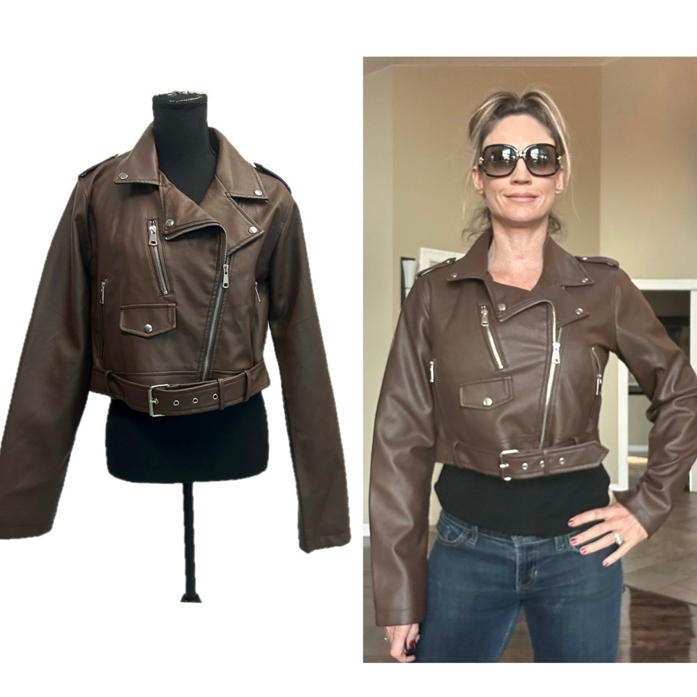 New Look dark chocolate Brown faux Leather Biker moto Jacket Sz L